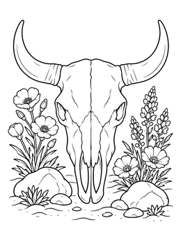 A detailed bull skull surrounded by blooming wildflowers on a bull coloring page.
