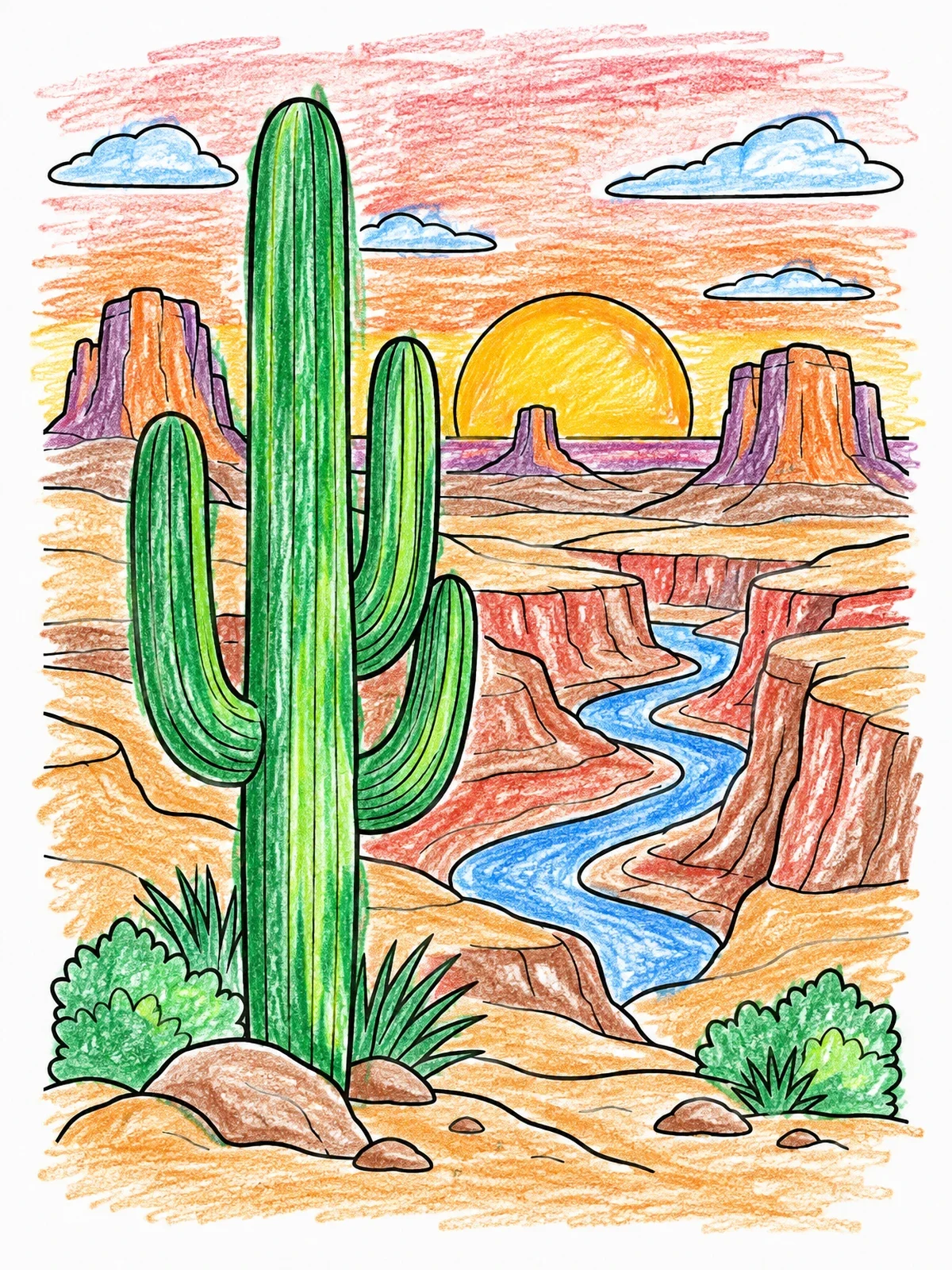 Colored example of the Desert Canyon Sunset With Saguaro Cactus coloring page