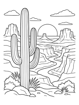 Free printable Desert Canyon Sunset With Saguaro Cactus coloring page