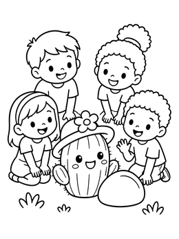 Free printable Children Visiting A Cute Cactus coloring page