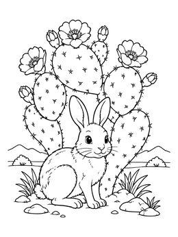A desert bunny coloring page featuring a cute rabbit sitting before a blooming cactus.