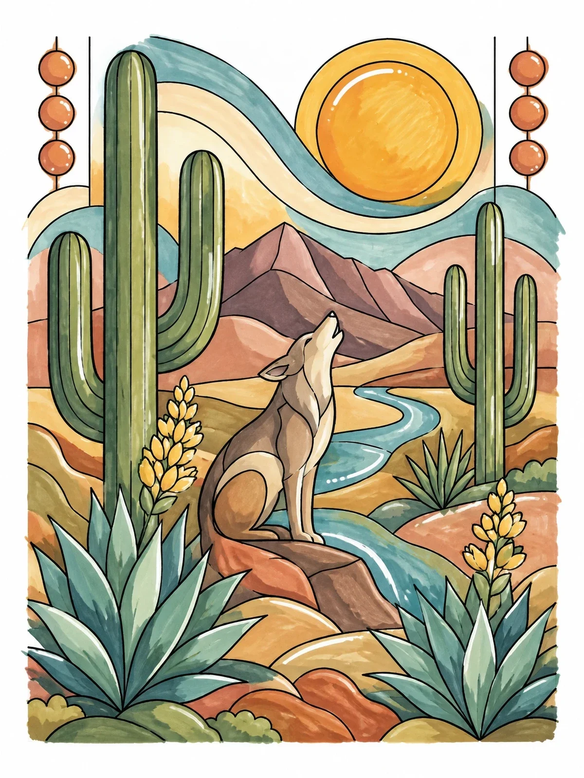 Colored example of the Desert Coyote Mural coloring page