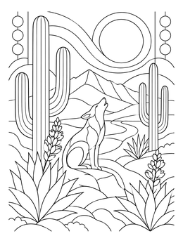 A desert landscape mural coloring page featuring a howling coyote, agaves, and saguaro cacti.