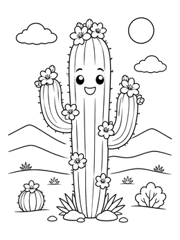 Free printable Happy Blooming Saguaro Cactus coloring page