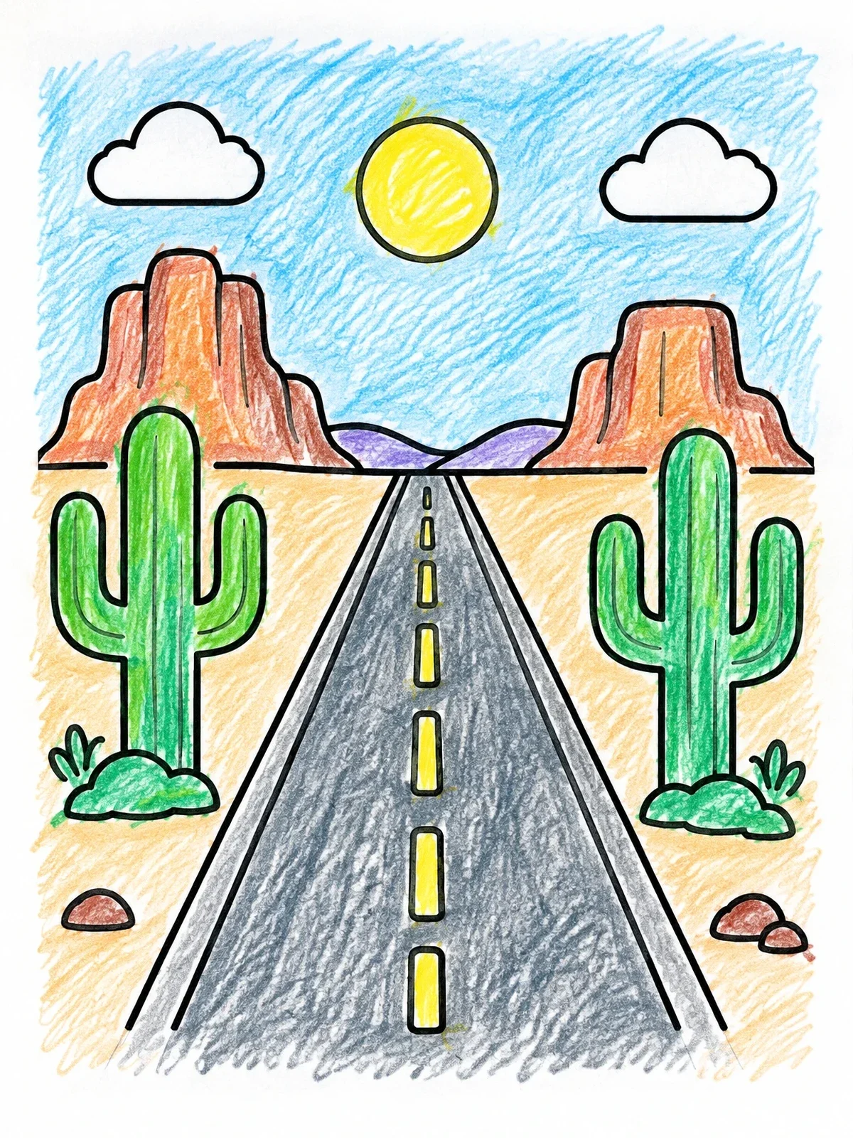 Colored example of the Desert Highway Road Trip coloring page