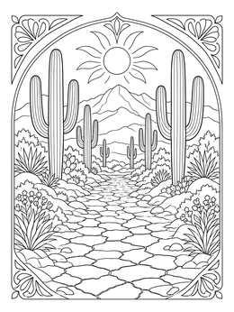 A peaceful desert view on this saguaro cactus coloring page with cracked ground and mountains.