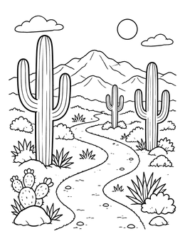 Free printable Desert Path With Saguaro Cacti coloring page