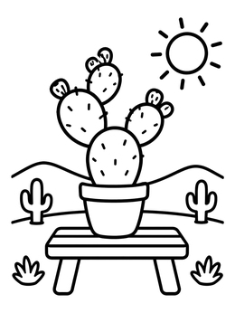 Free printable Potted Cactus On Wooden Bench coloring page