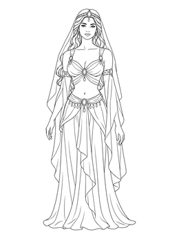 An elegant desert princess coloring page featuring flowing drapery and jewelry.