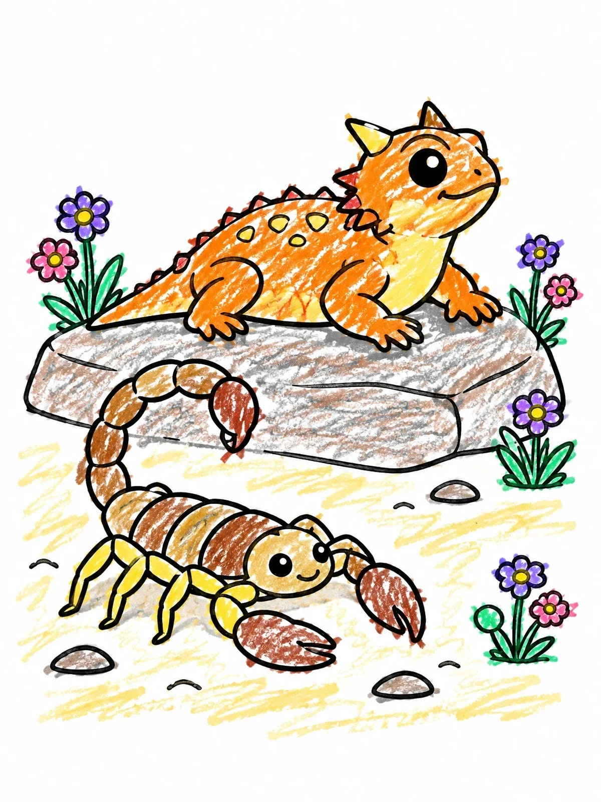 Colored example of the Scorpion And Horned Lizard In Desert coloring page