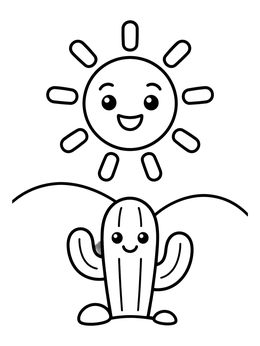 Free printable Smiling Sun And Friendly Cactus coloring page