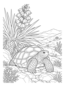 A realistic desert tortoise coloring page resting beside a flowering yucca plant in the desert hills.