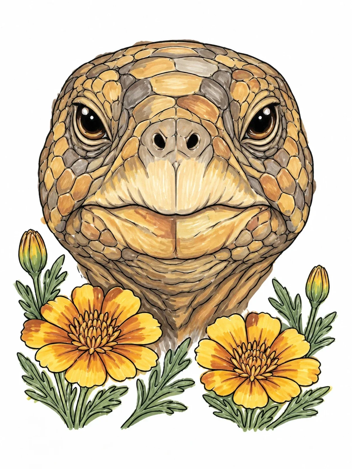Colored example of the Desert Tortoise Portrait With Marigolds coloring page