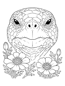 A detailed desert tortoise coloring page featuring a close-up portrait with blooming desert flowers.