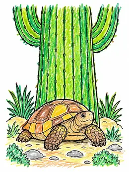 Desert Tortoise Resting By Saguaro Cactus Coloring Page