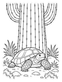 A friendly desert tortoise rests near a tall plant in this saguaro cactus coloring page.