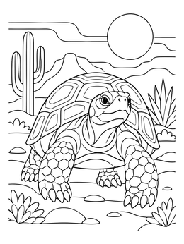 Detailed desert tortoise coloring page with cacti and sunny mountains.