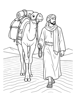 A desert coloring page featuring a man leading a pack camel across rippling sand dunes.
