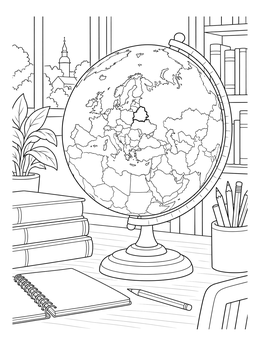 Desk globe on a study table in this belarus coloring page with books and stationery.