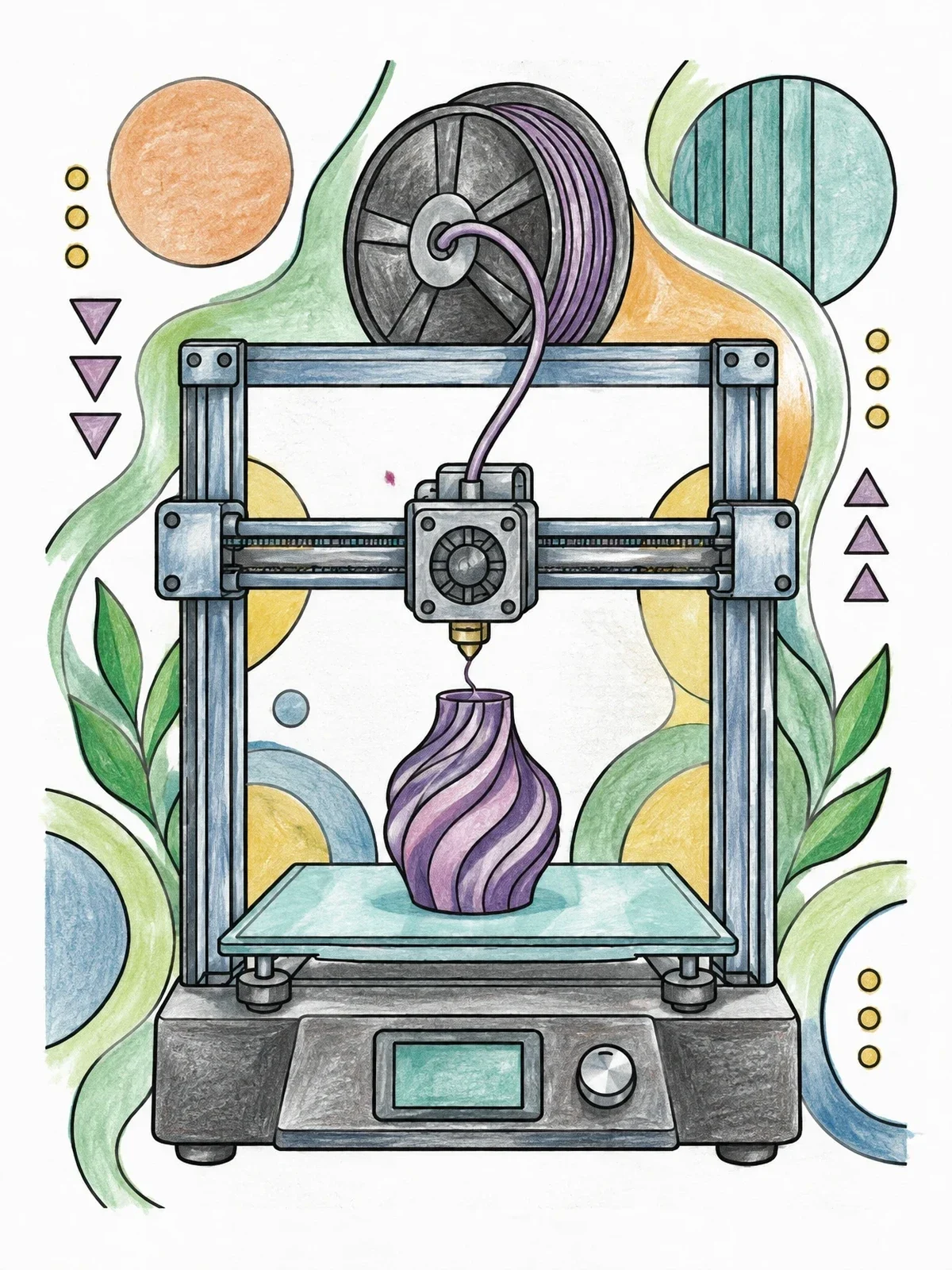 Colored example of the Desktop 3d Printer Creating A Spiral Vase coloring page