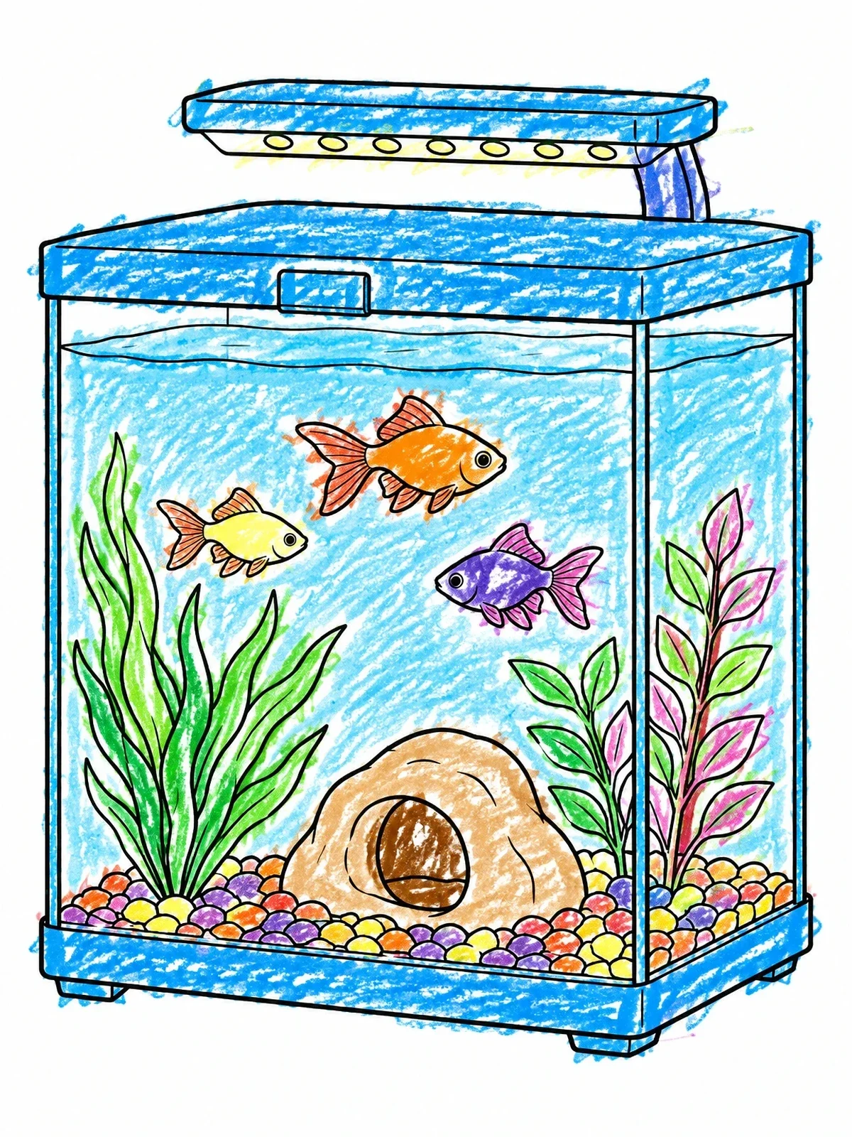 Colored example of the Desktop Cube Aquarium With Fishes coloring page