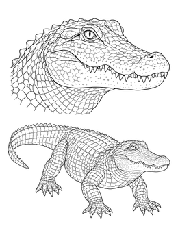 An american alligator coloring page showing a detailed full body and head portrait.