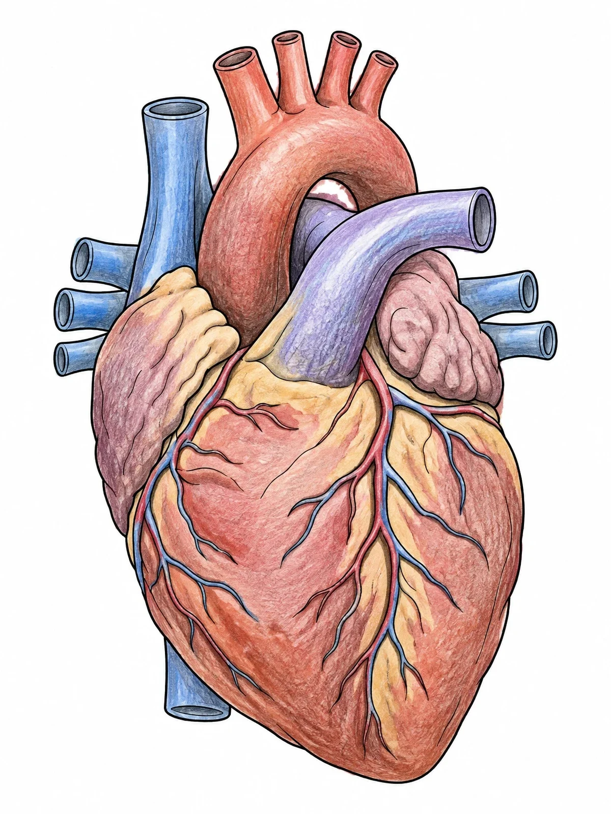 Colored example of the Detailed Human Heart Anatomy coloring page