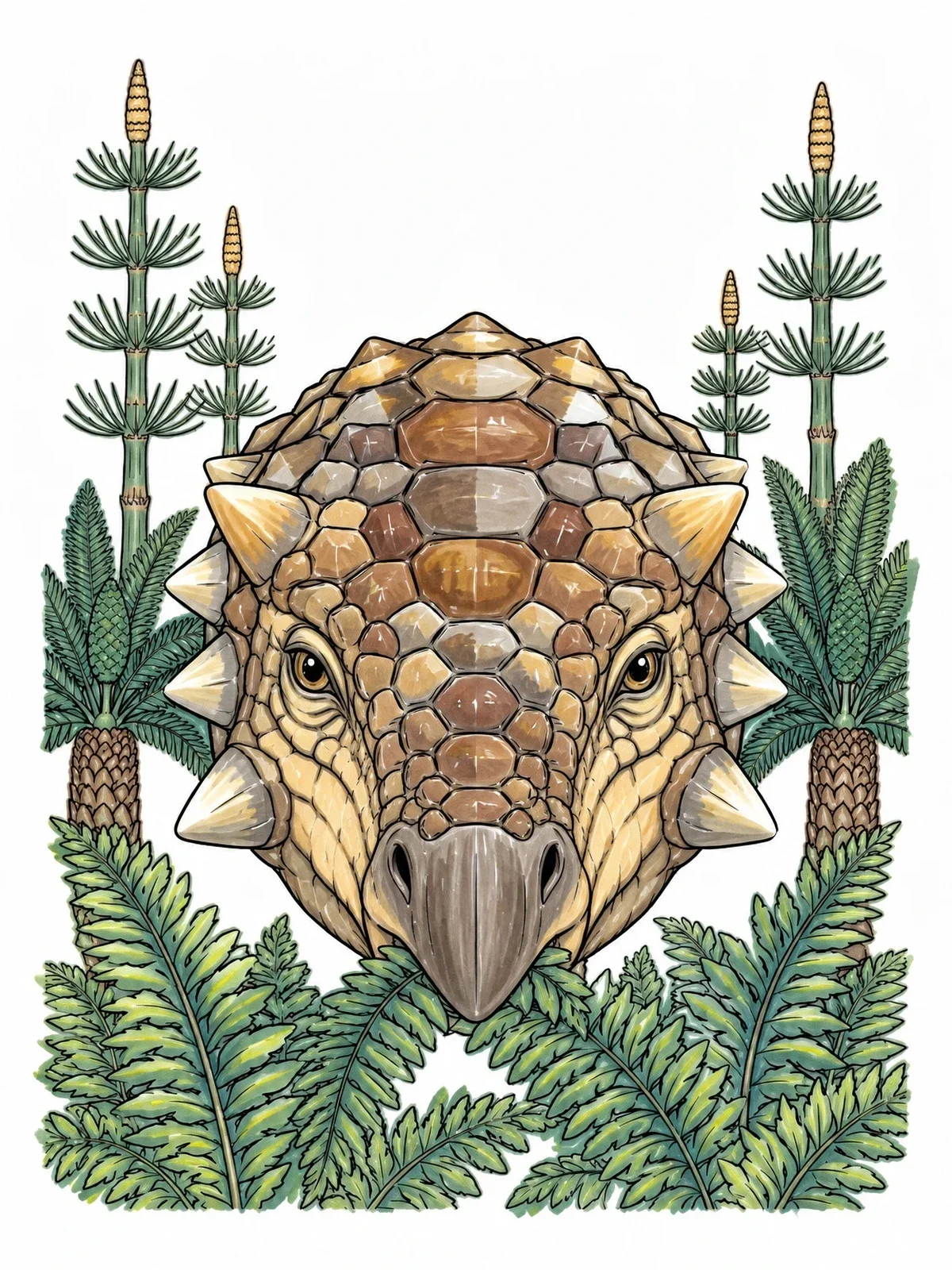 Colored example of the Detailed Ankylosaurus Portrait In Prehistoric Flora coloring page