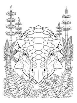 An ankylosaurus coloring page featuring a detailed armored dinosaur head surrounded by ferns and horsetails.
