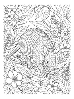 An intricate armadillo coloring page surrounded by lush foliage and blooming flowers.