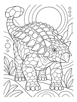 An armored ankylosaurus coloring page with patterned scutes and geometric background elements.