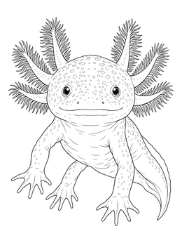 An axolotl coloring page showing detailed external gills, spotted skin, and wide-set eyes.