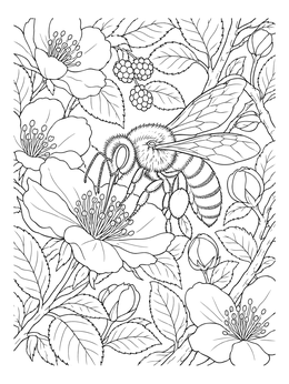 A detailed bee coloring page showing a honeybee gathering nectar among floral blooms and leaves.