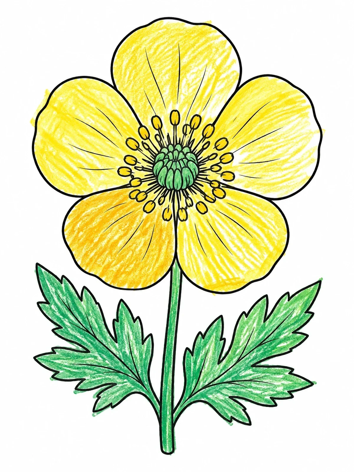 Colored example of the Detailed Blooming Buttercup Flower coloring page
