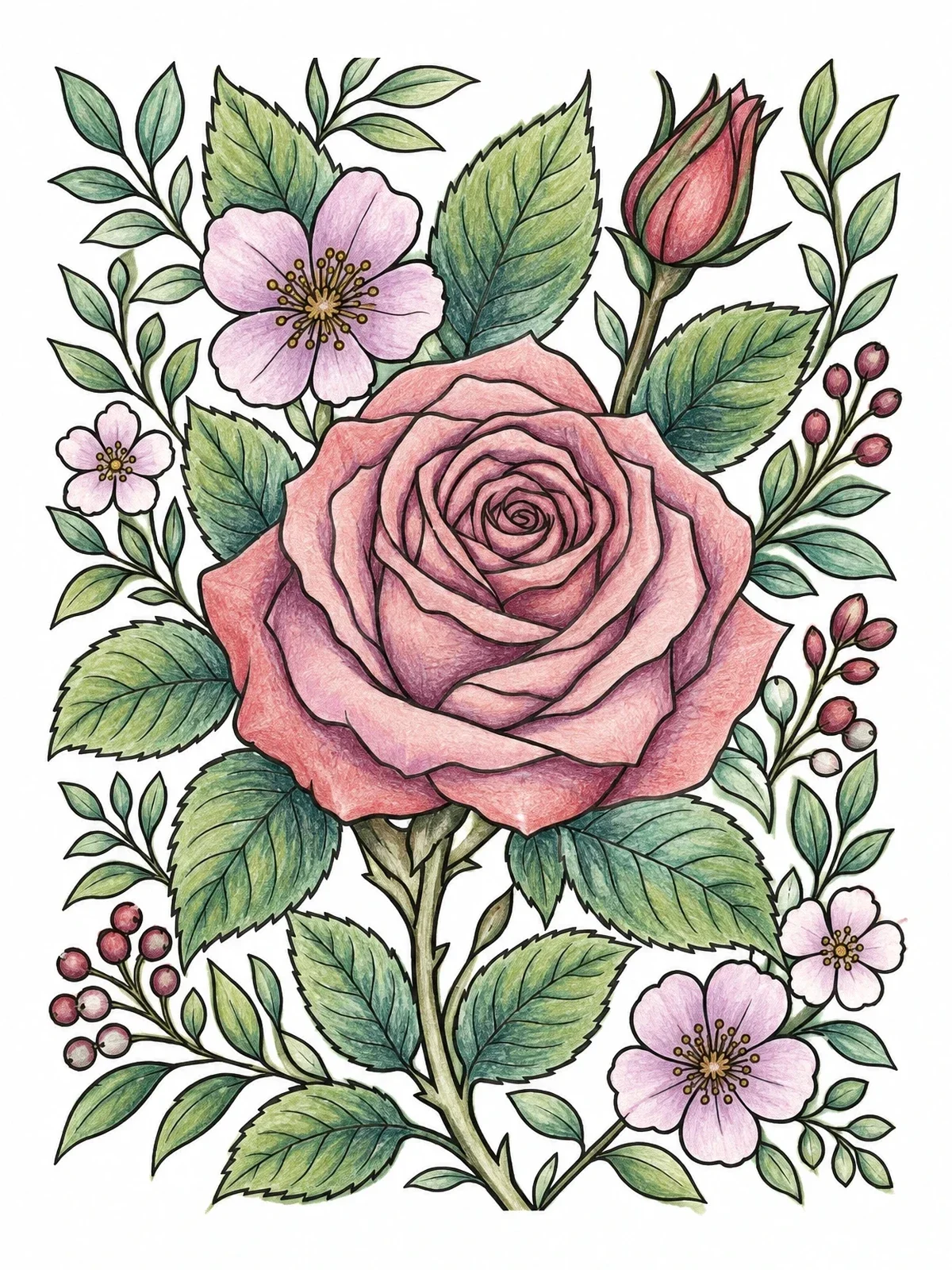 Colored example of the Detailed Blooming Rose Tattoo Art coloring page