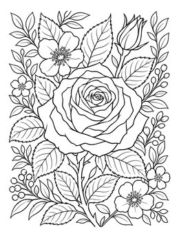Intricate rose tattoo coloring page surrounded by wild flowers and foliage.
