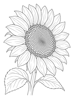 Detailed sunflower coloring page featuring intricate spiral seed patterns and broad petals.