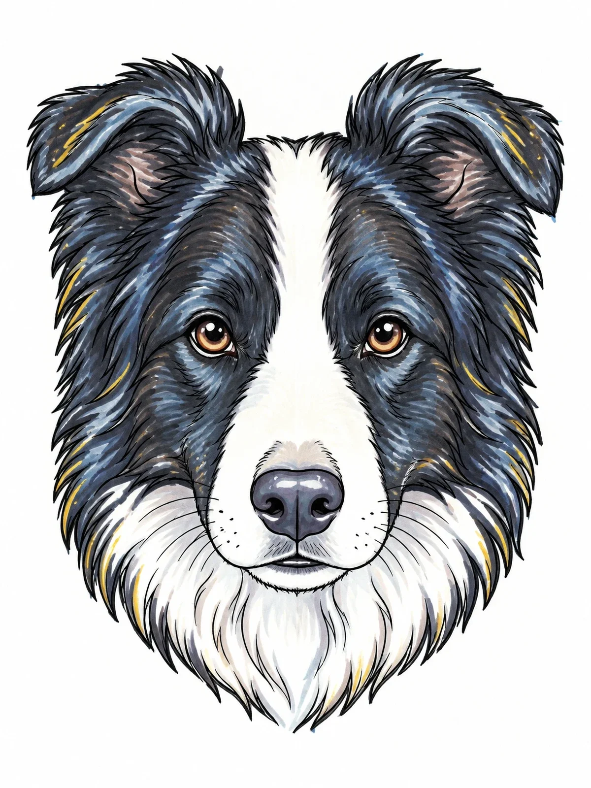 Colored example of the Detailed Border Collie Dog Portrait coloring page