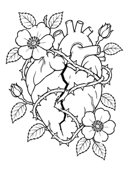 Free printable Anatomical Broken Heart With Wild Roses coloring page