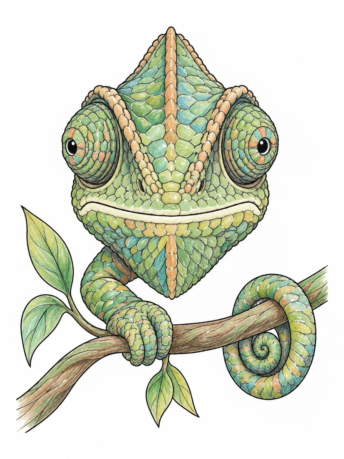 Colored example of the Detailed Chameleon On A Branch coloring page