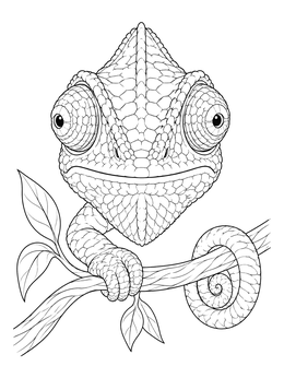Intricate chameleon coloring page showing a close-up of the lizard perched on a branch.