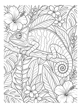 Intricate chameleon coloring page surrounded by hibiscus flowers and lush jungle foliage.