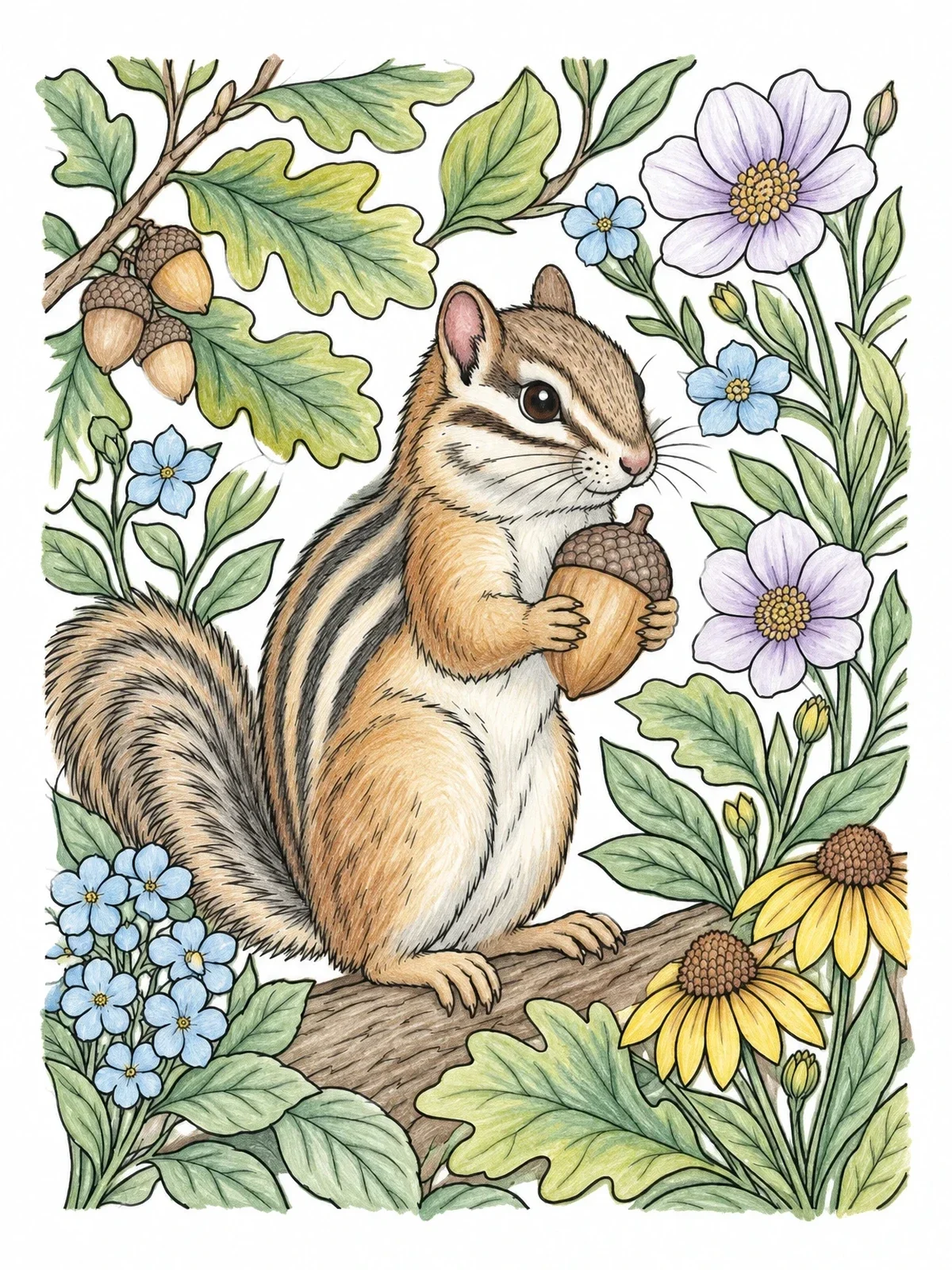 Colored example of the Detailed Chipmunk With Acorn In Forest coloring page