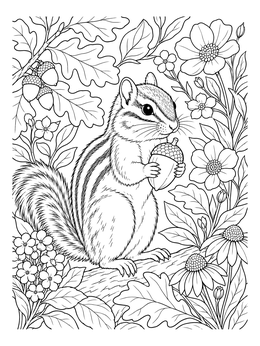 A detailed chipmunk coloring page featuring an upright chipmunk holding an acorn among flowers and leaves.