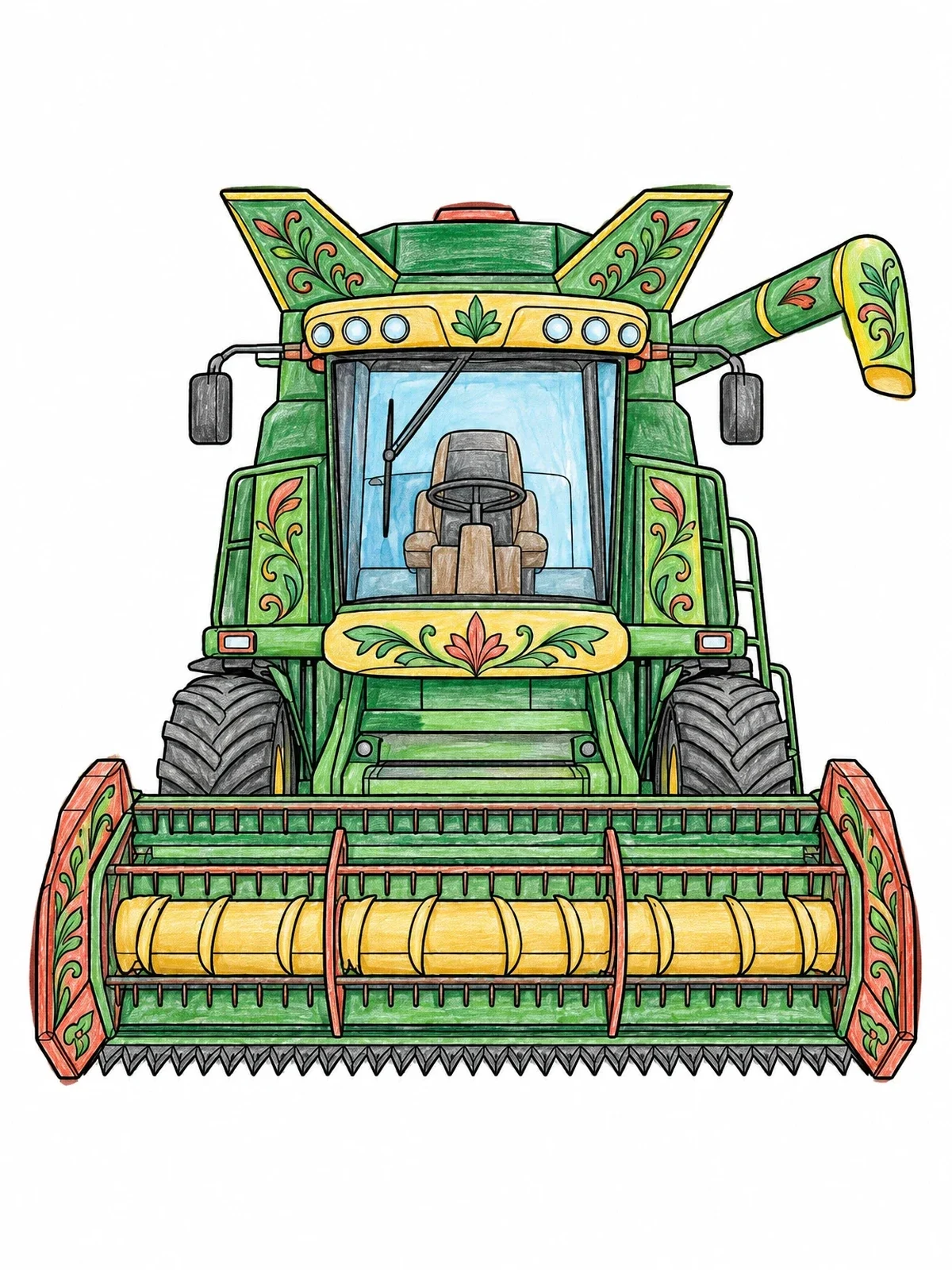 Colored example of the Detailed Combine Harvester Front View coloring page