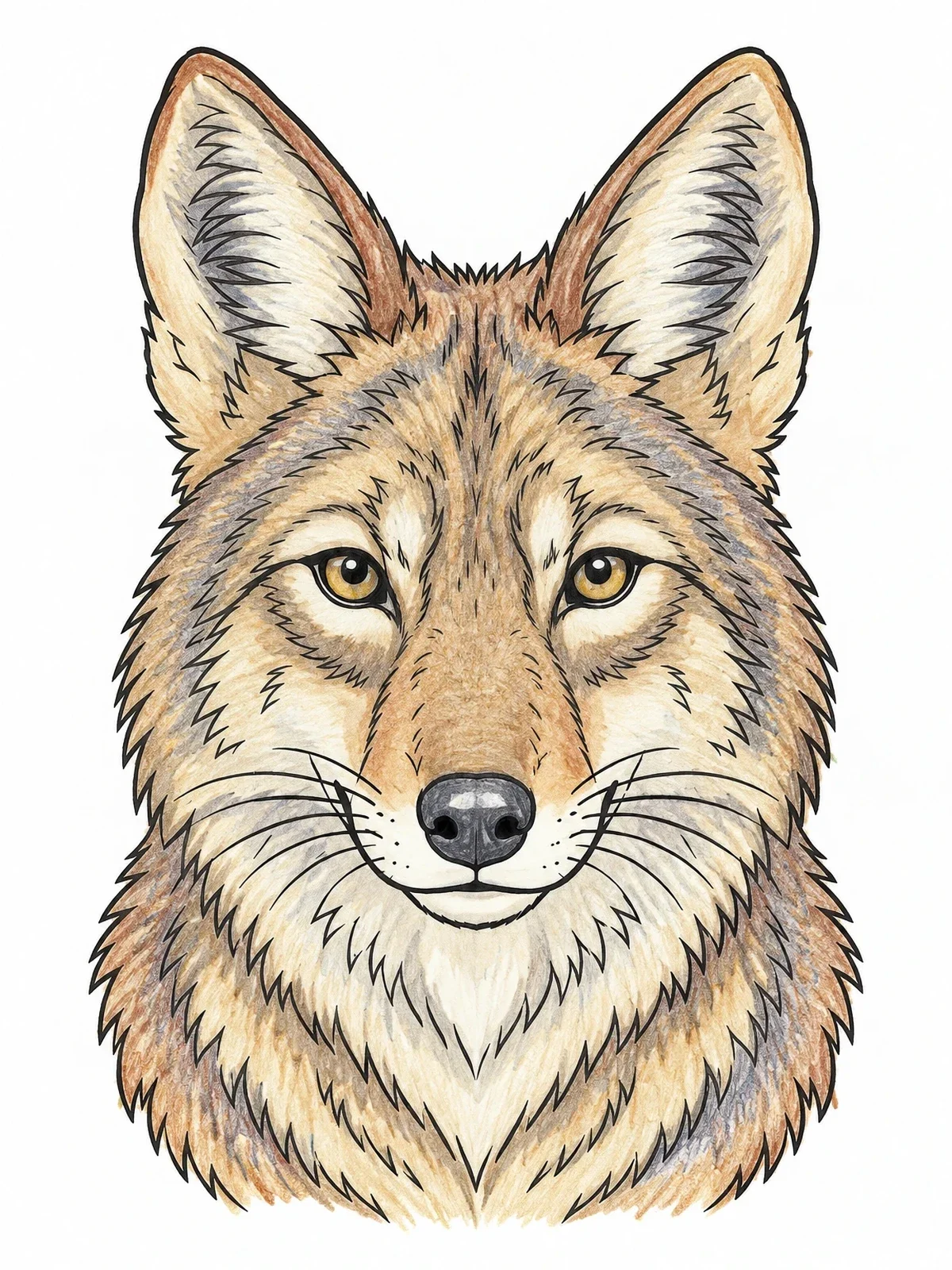 Colored example of the Detailed Coyote Face Portrait coloring page