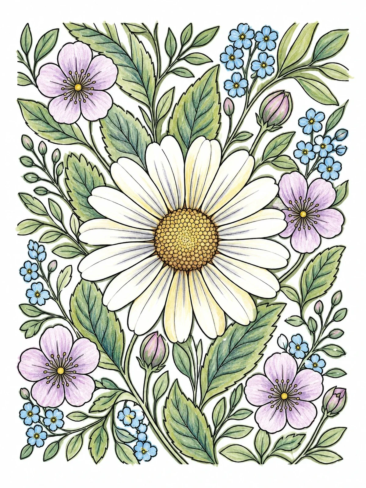 Colored example of the Detailed Daisy And Wildflower Meadow coloring page