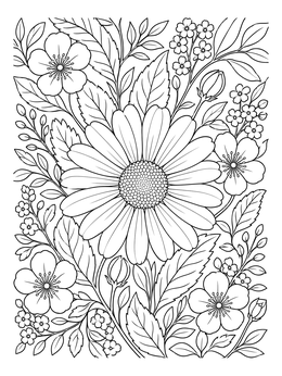 A detailed daisy flower coloring page surrounded by smaller blossoms and leaves.
