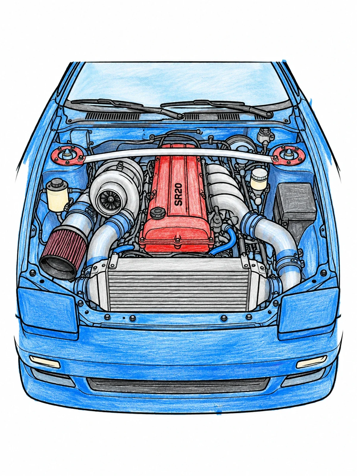 Colored example of the Detailed Drift Car Engine Bay coloring page