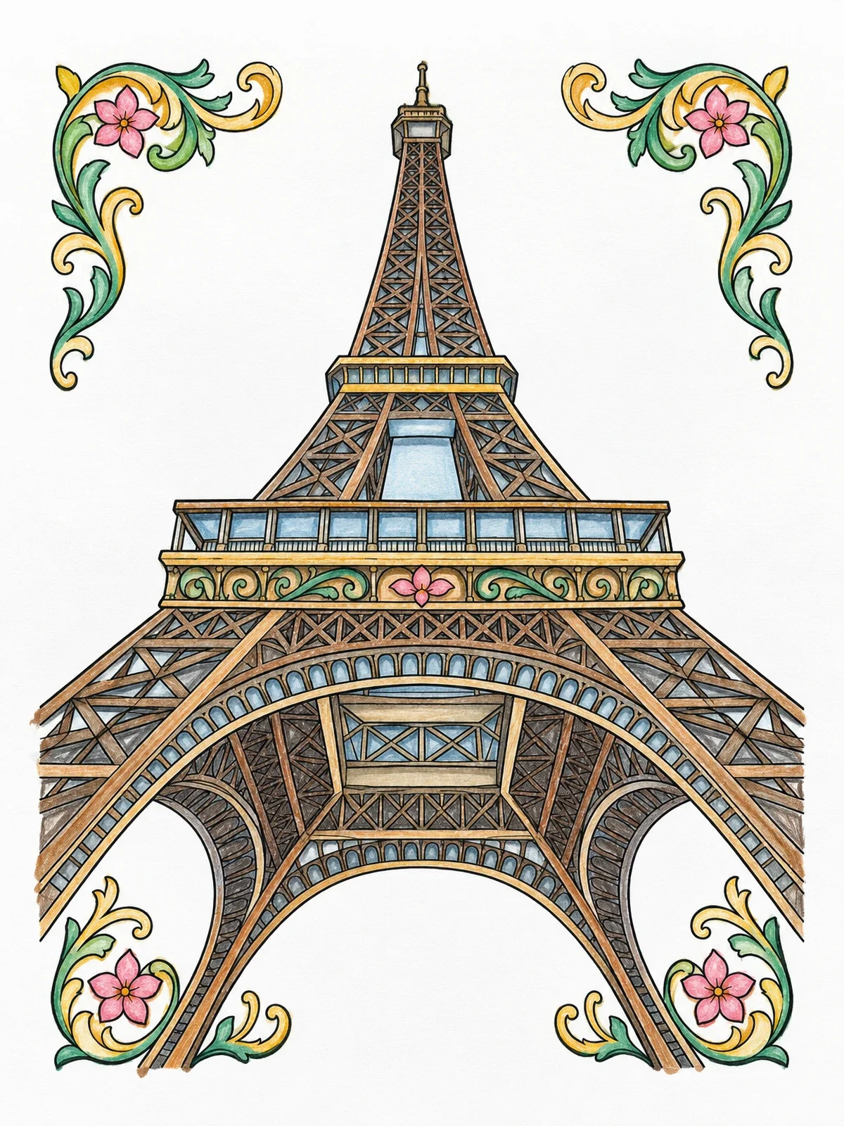 Colored example of the Detailed Eiffel Tower With Floral Flourishes coloring page